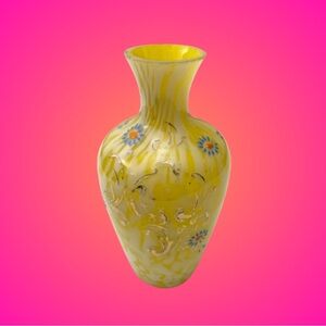 Vintage art glass lemon yellow vase w/ enameled flowers white splatter Moser?